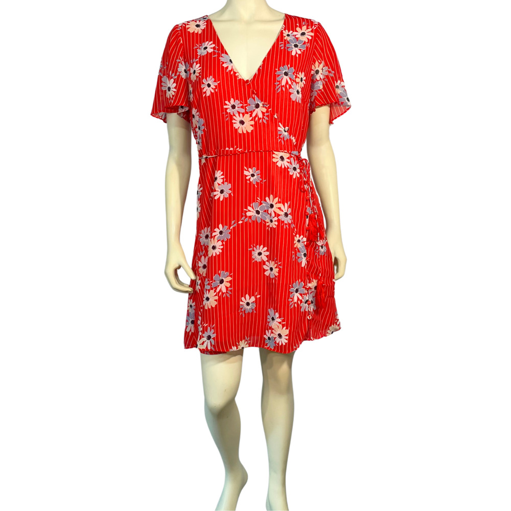 Madewell Sz 8 Dress Button-Wrap in Daisy Society Red Floral Stripe Side Ties